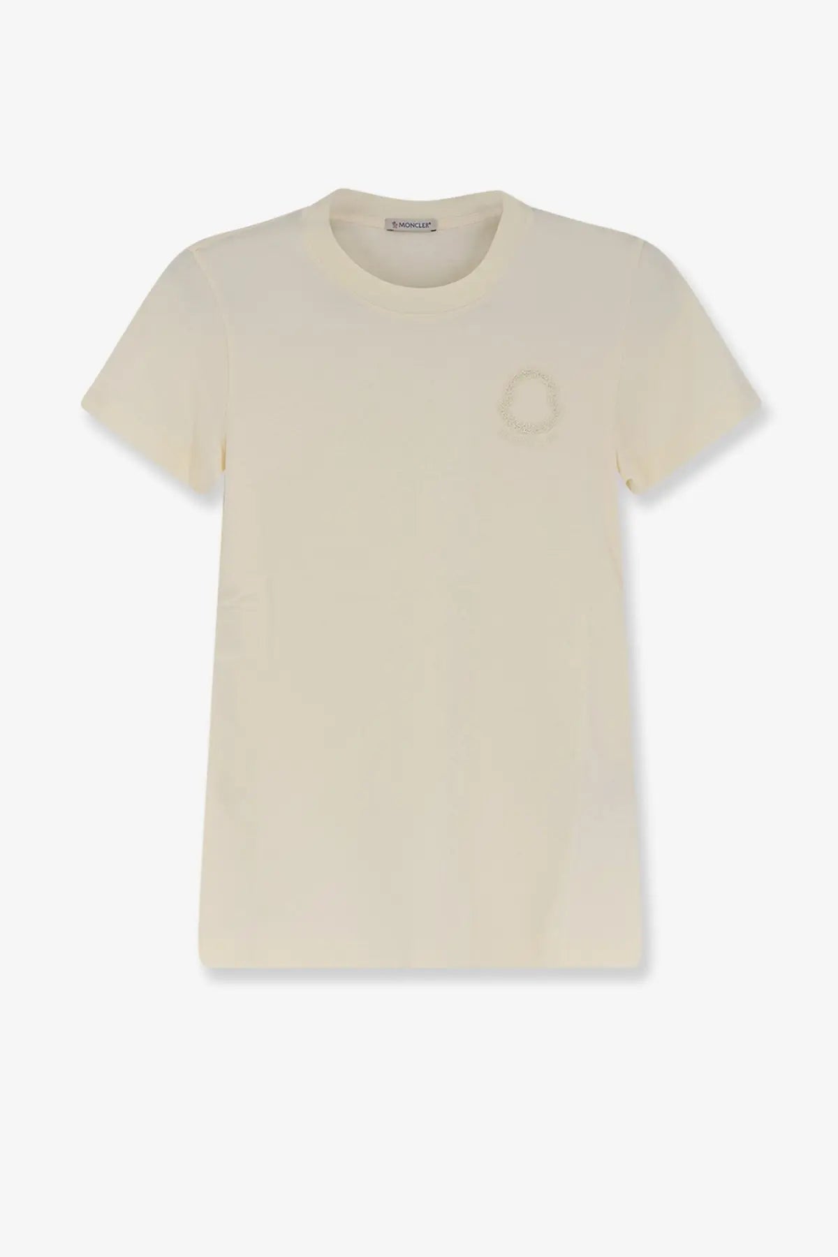 Moncler women’s cream cotton t-shirt with subtle embroidered logo on left chest in a casual style