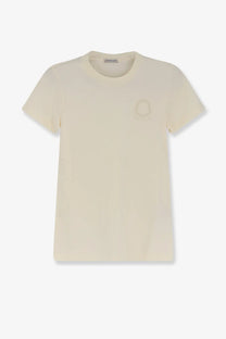 Moncler women’s cream cotton t-shirt with subtle embroidered logo on left chest in a casual style