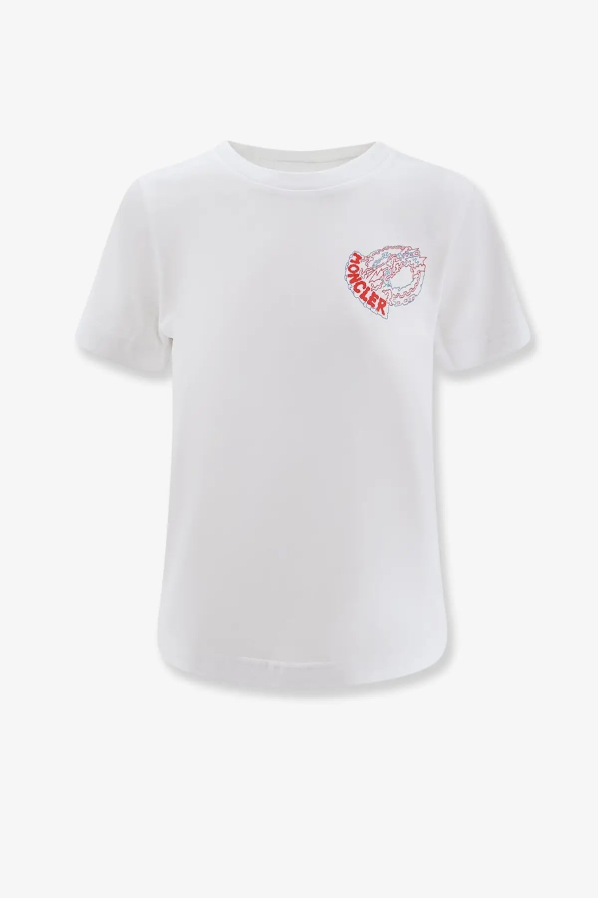 Moncler women’s white cotton short-sleeved t-shirt with red embroidered logo on left chest