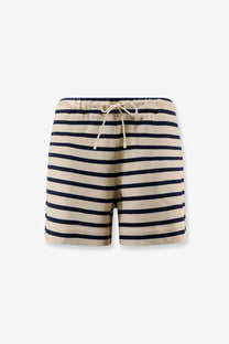 Moncler women’s cotton shorts in beige and navy blue horizontal stripes with a drawstring waistband