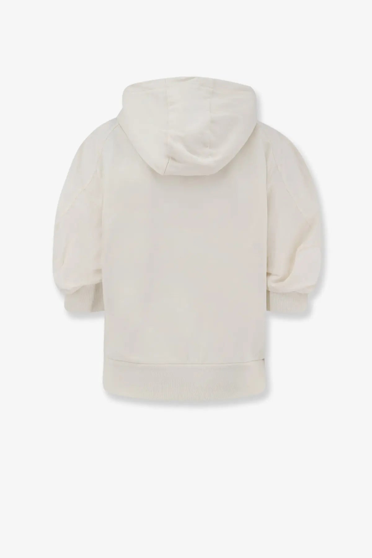 Cream-colored Moncler women’s cotton sweatshirt with soft plush fabric, hood, ribbed cuffs, and hem