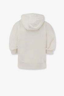 Cream-colored Moncler women’s cotton sweatshirt with soft plush fabric, hood, ribbed cuffs, and hem