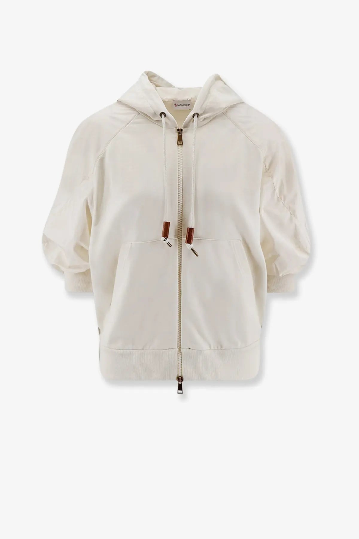 Moncler women’s cotton sweatshirt white with cream-colored hooded zip-up jacket featuring ribbed cuffs and leather zip pulls
