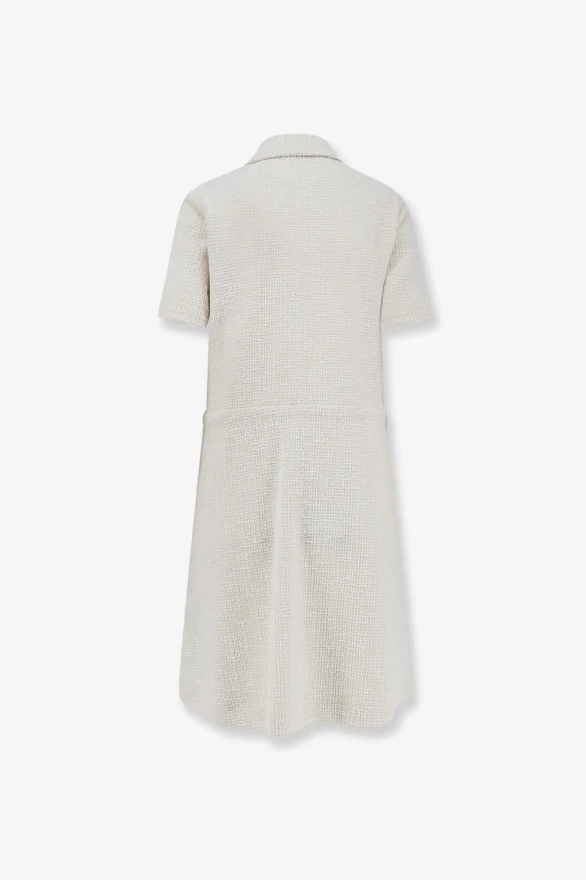 Moncler women’s cream-colored short-sleeved coat dress with textured tweed-like fabric and collar