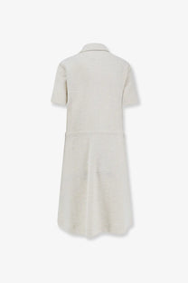 Moncler women’s cream-colored short-sleeved coat dress with textured tweed-like fabric and collar