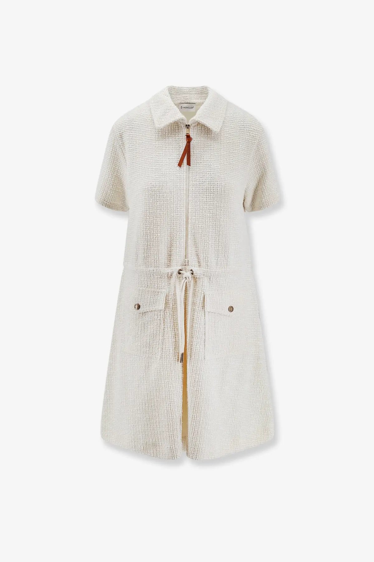 Moncler women’s cream-colored short-sleeved textured dress with collar and front zipper in white fabric