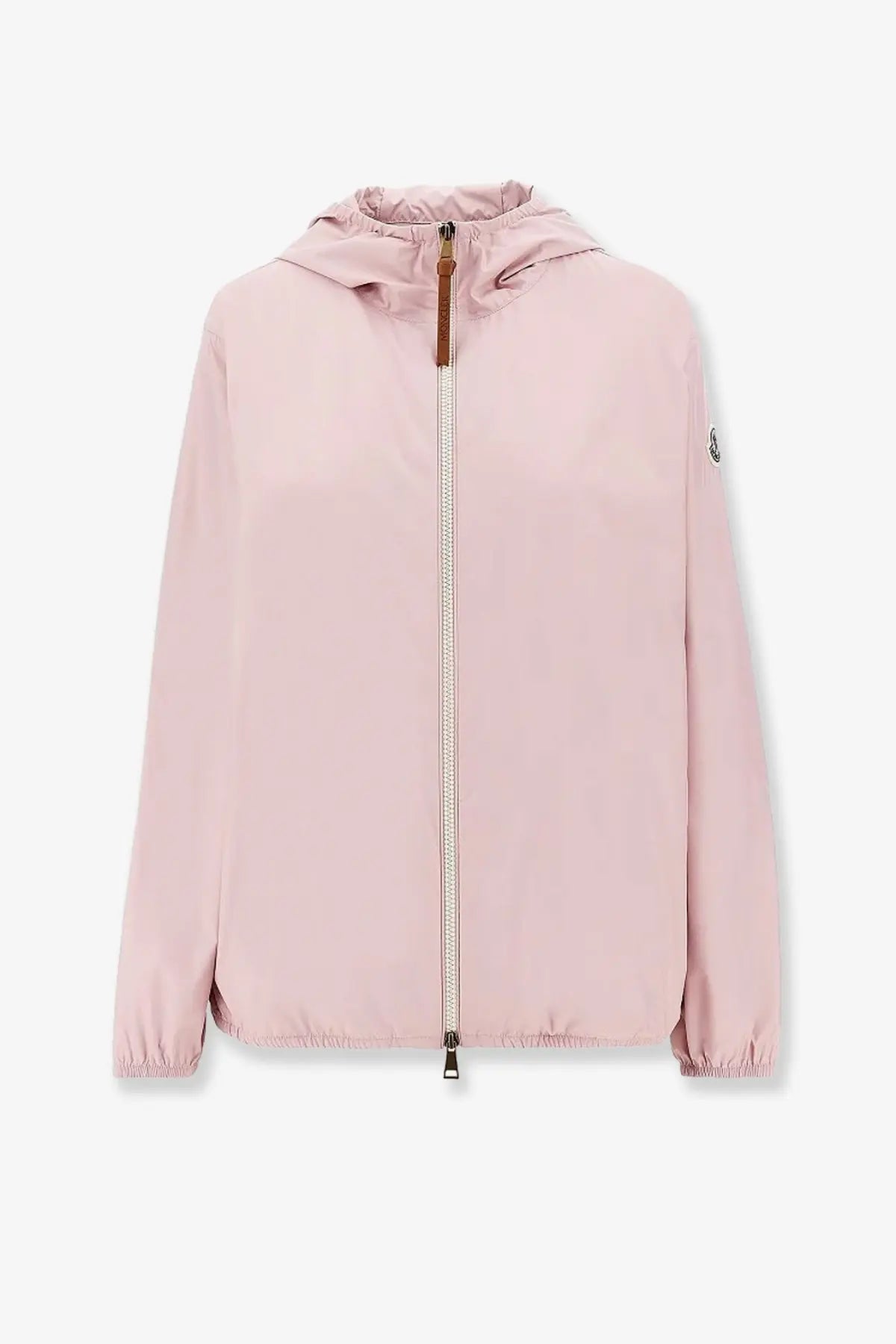Moncler women’s fegeos recycled material jacket in soft pink with lightweight hooded design and subtle sleeve branding