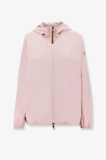 Moncler women’s fegeos recycled material jacket in soft pink with lightweight hooded design and subtle sleeve branding