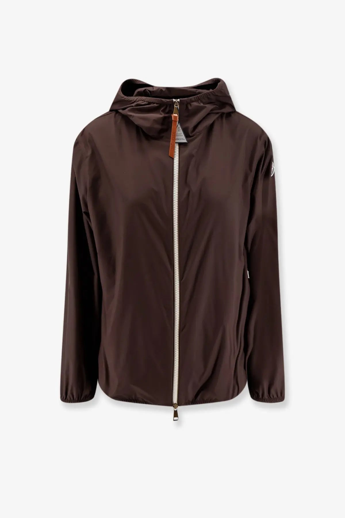 Moncler women’s fegeos brown hooded jacket made of recycled polyester with white zipper and leather pull tab
