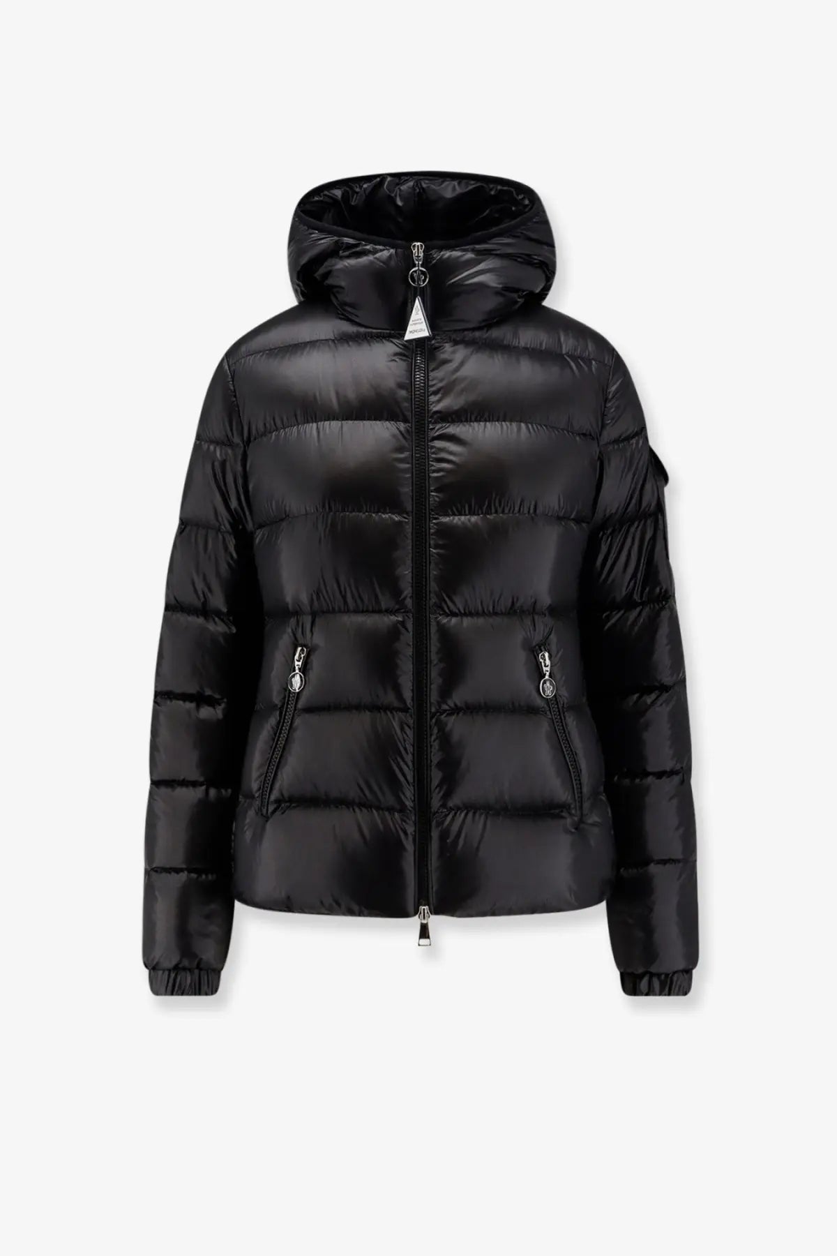 Moncler women’s glesse black hooded down jacket with quilted design and silver zippers