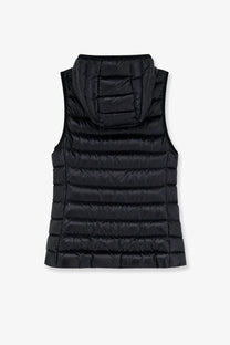Moncler women’s glygosse sleeveless down jacket black with quilted design and attached hood in puffer vest style