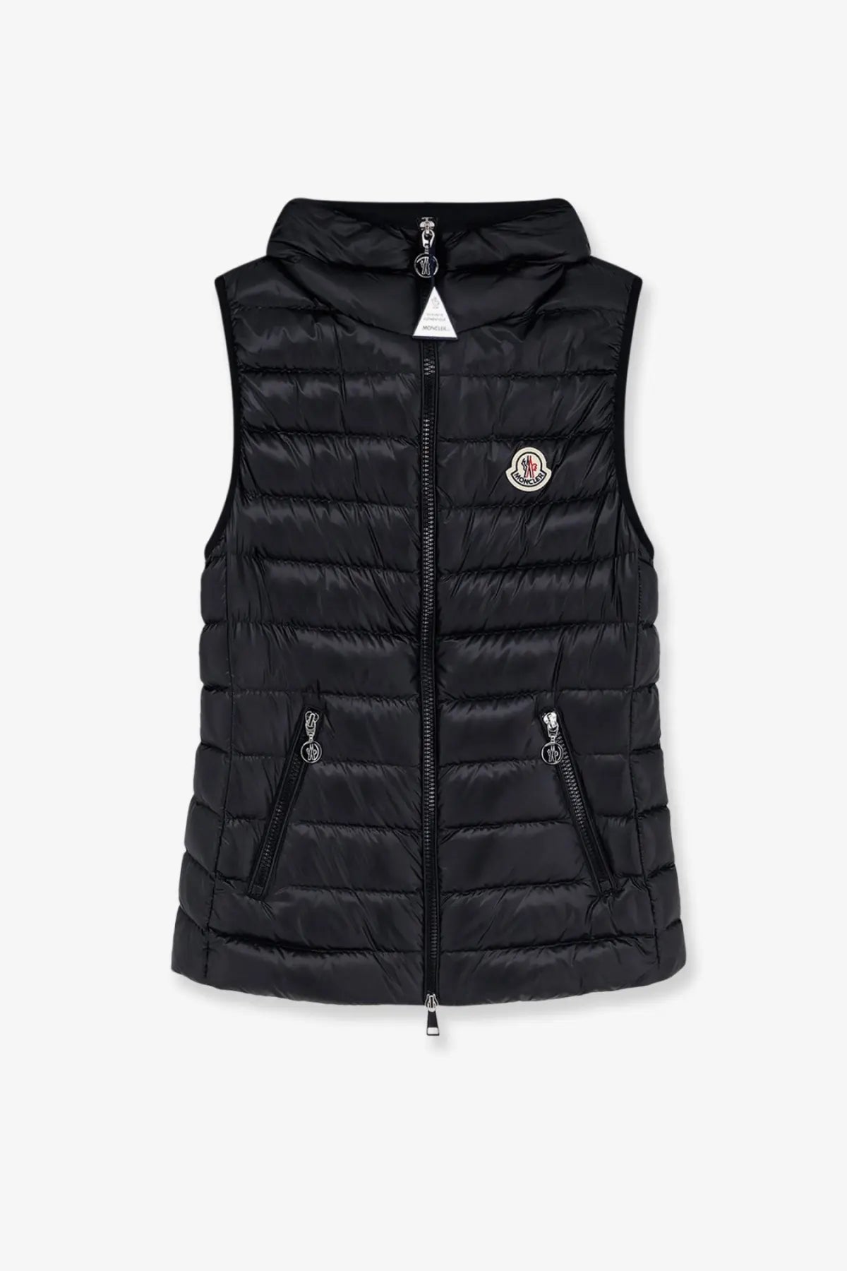 Black quilted moncler women’s glygosse sleeveless down jacket with hood front zipper and zippered side pockets
