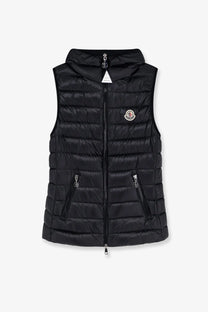 Black quilted moncler women’s glygosse sleeveless down jacket with hood front zipper and zippered side pockets