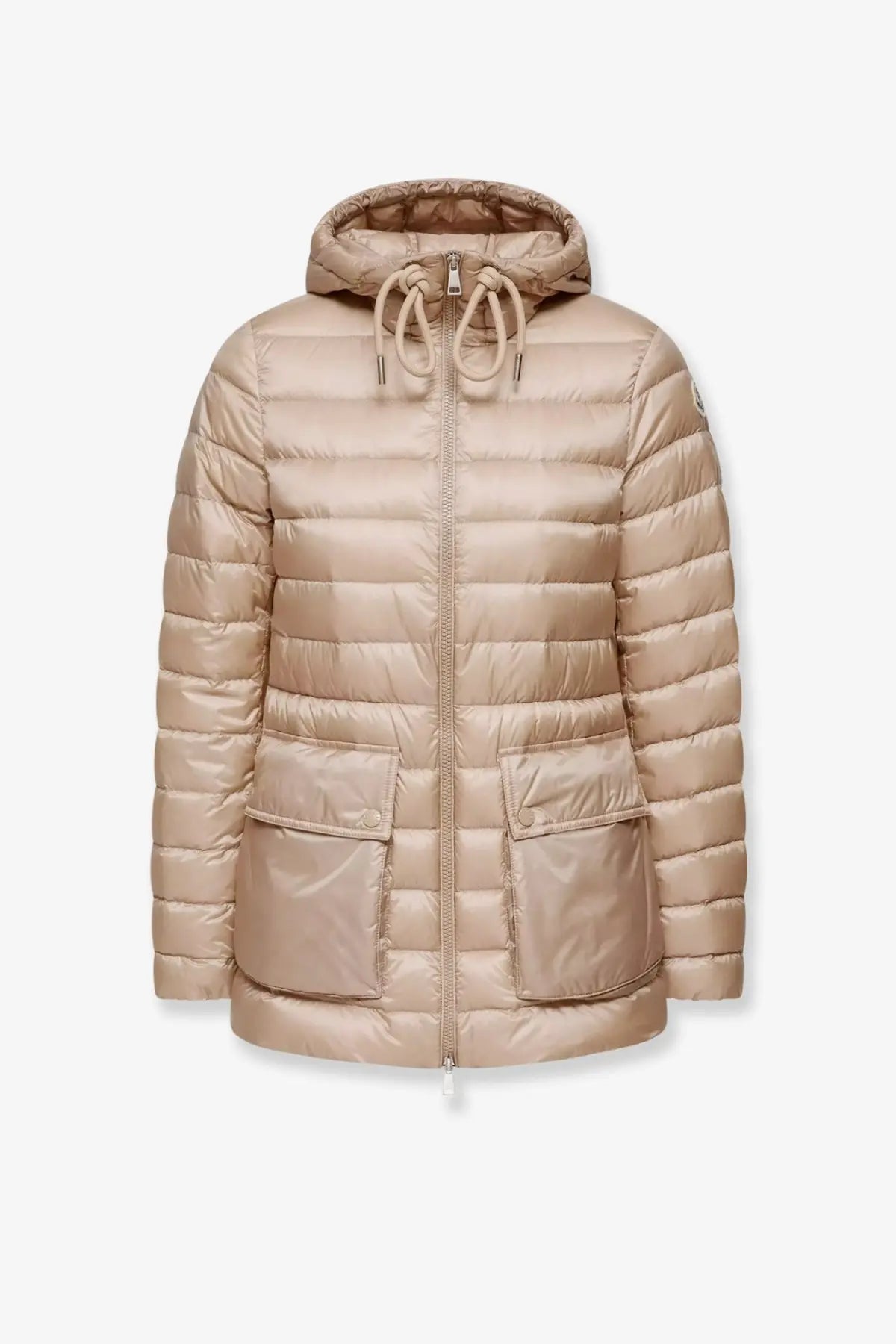 Beige quilted hooded puffer jacket with front zipper and two large patch pockets by Moncler for women