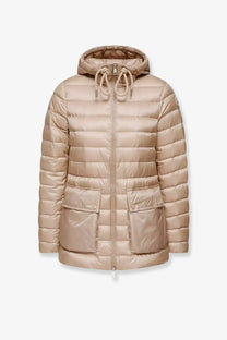 Beige quilted hooded puffer jacket with front zipper and two large patch pockets by Moncler for women