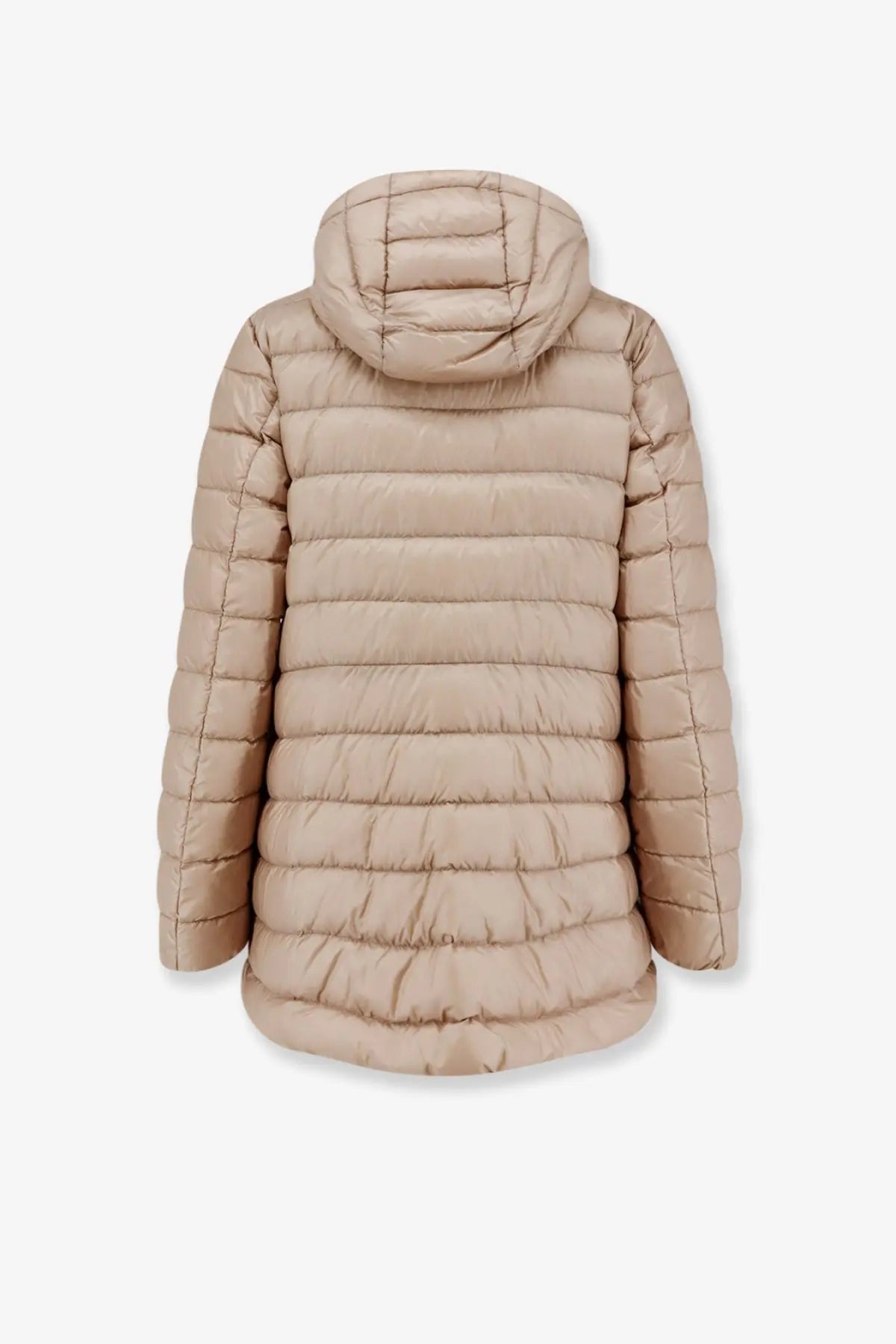 Beige quilted hooded puffer coat with horizontal stitching and matching attached hood by moncler for women