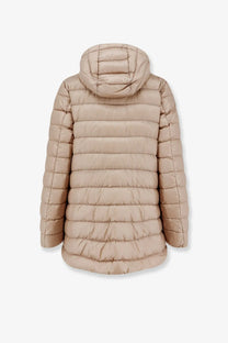 Beige quilted hooded puffer coat with horizontal stitching and matching attached hood by moncler for women
