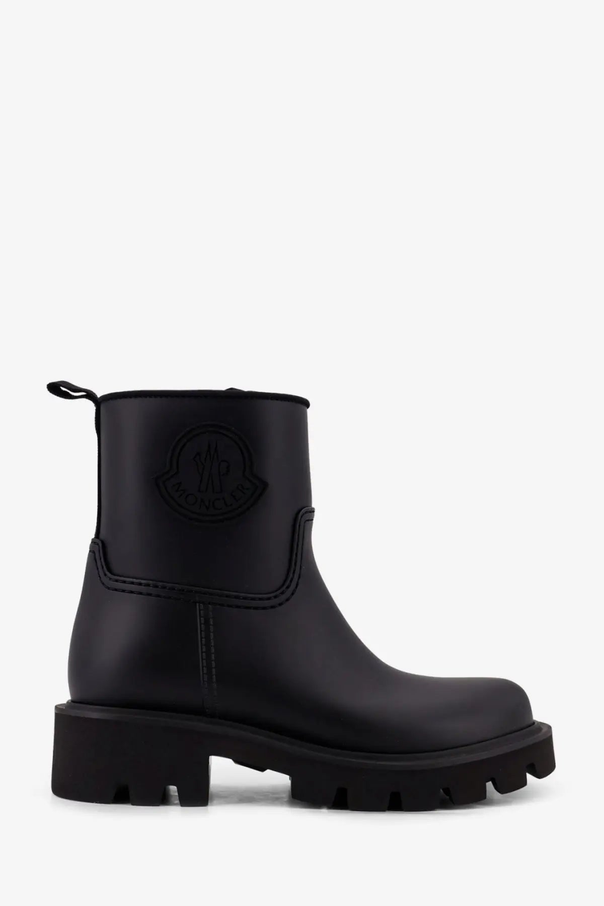 Moncler women’s kickstream rubber rainboots black with chunky sole and embossed logo on the side