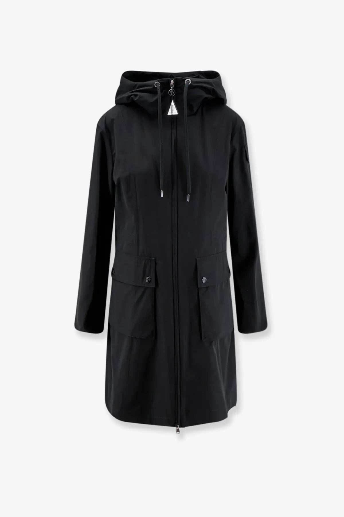 Moncler women’s Laerte long black coat with hood drawstrings full-length zipper and front pockets with silver buttons