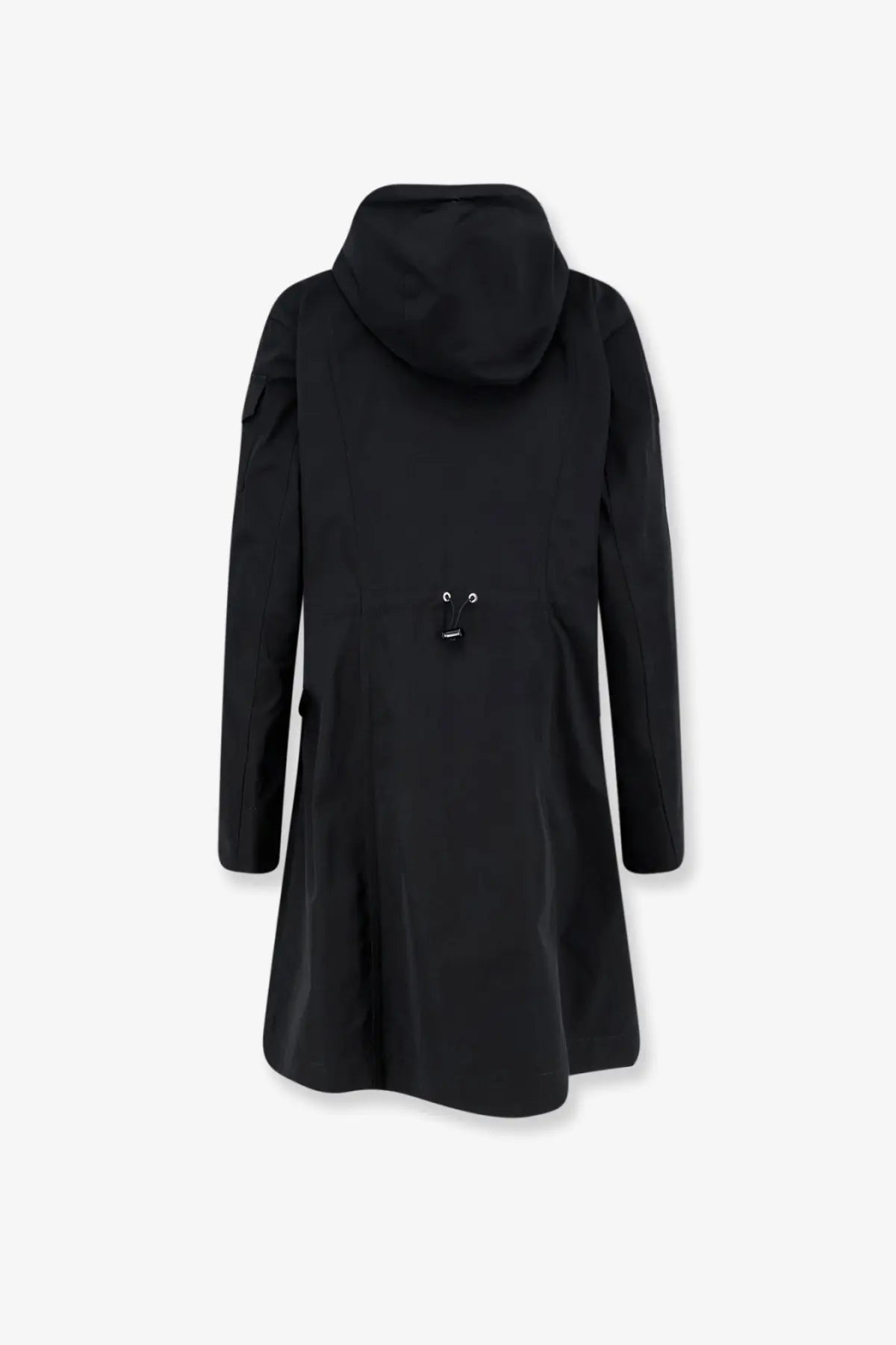 Back view of moncler women’s laerte black cotton blend long jacket with minimalist design and subtle eye detail
