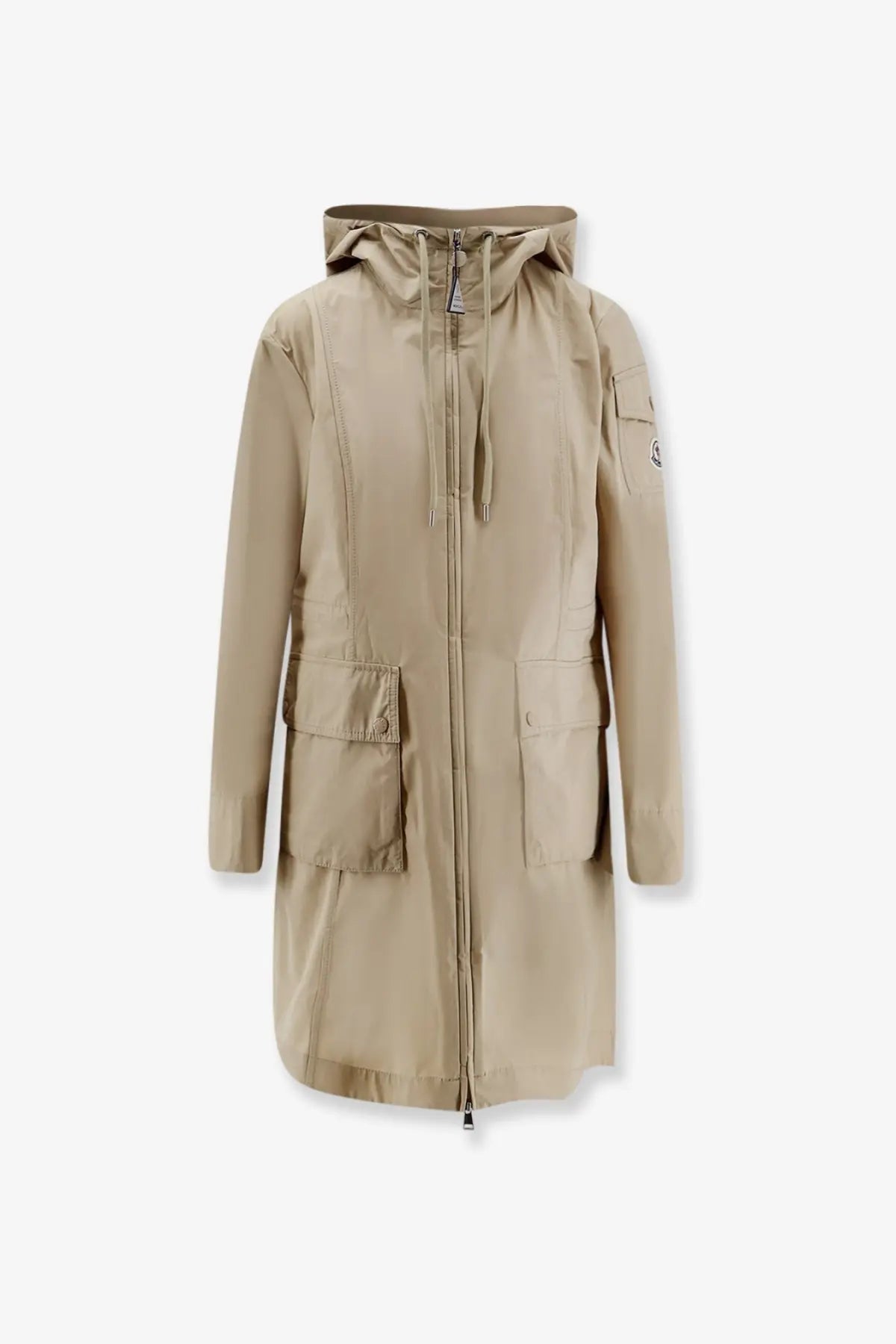 Moncler women’s laerte beige cotton blend hooded trench coat with front zipper and large patch pockets