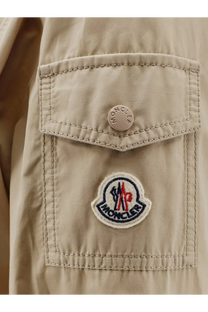 Beige moncler women’s laerte cotton blend long jacket pocket with circular button and embroidered logo patch