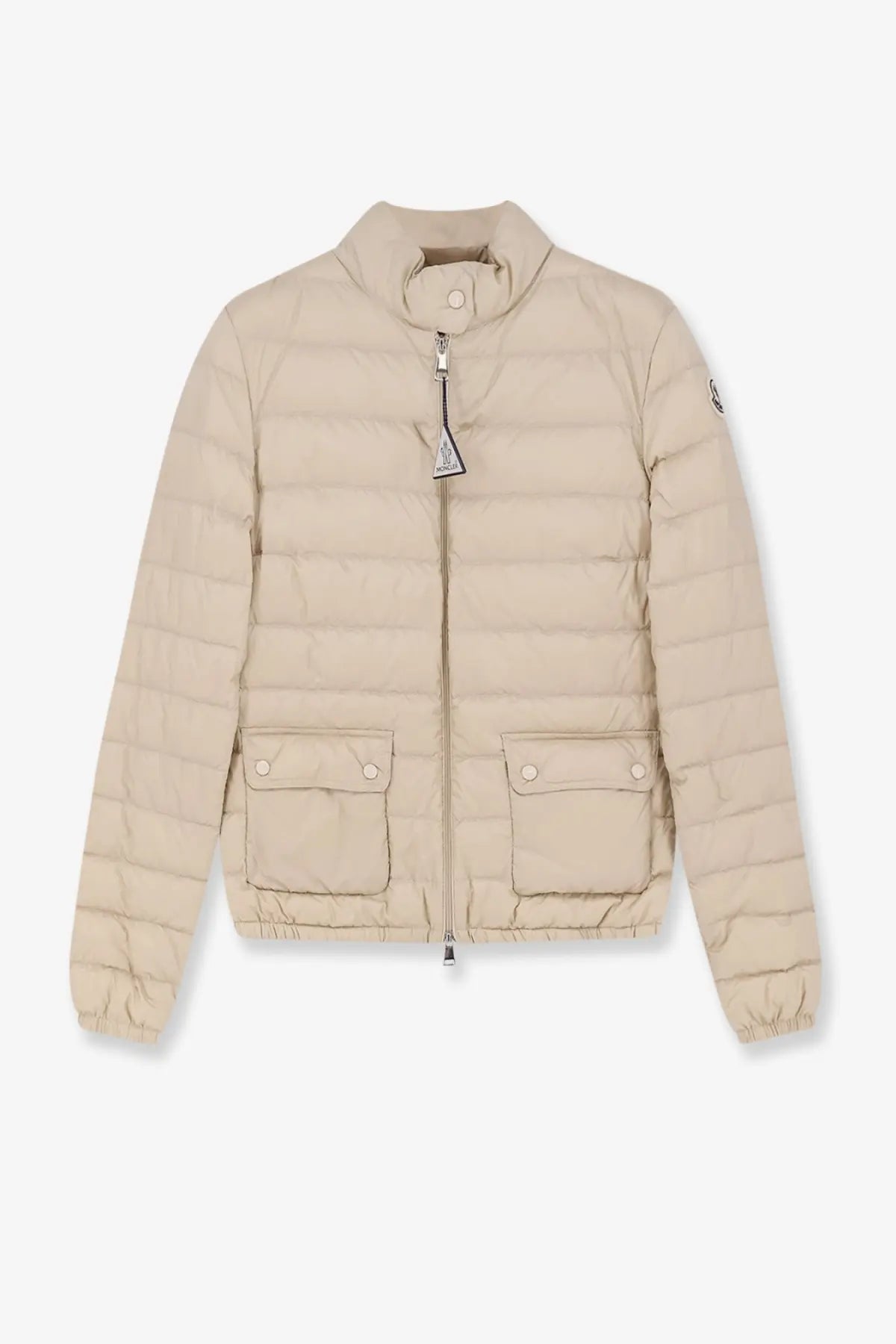 Beige moncler womens lans quilted down jacket with high collar and two front pockets made from recycled material
