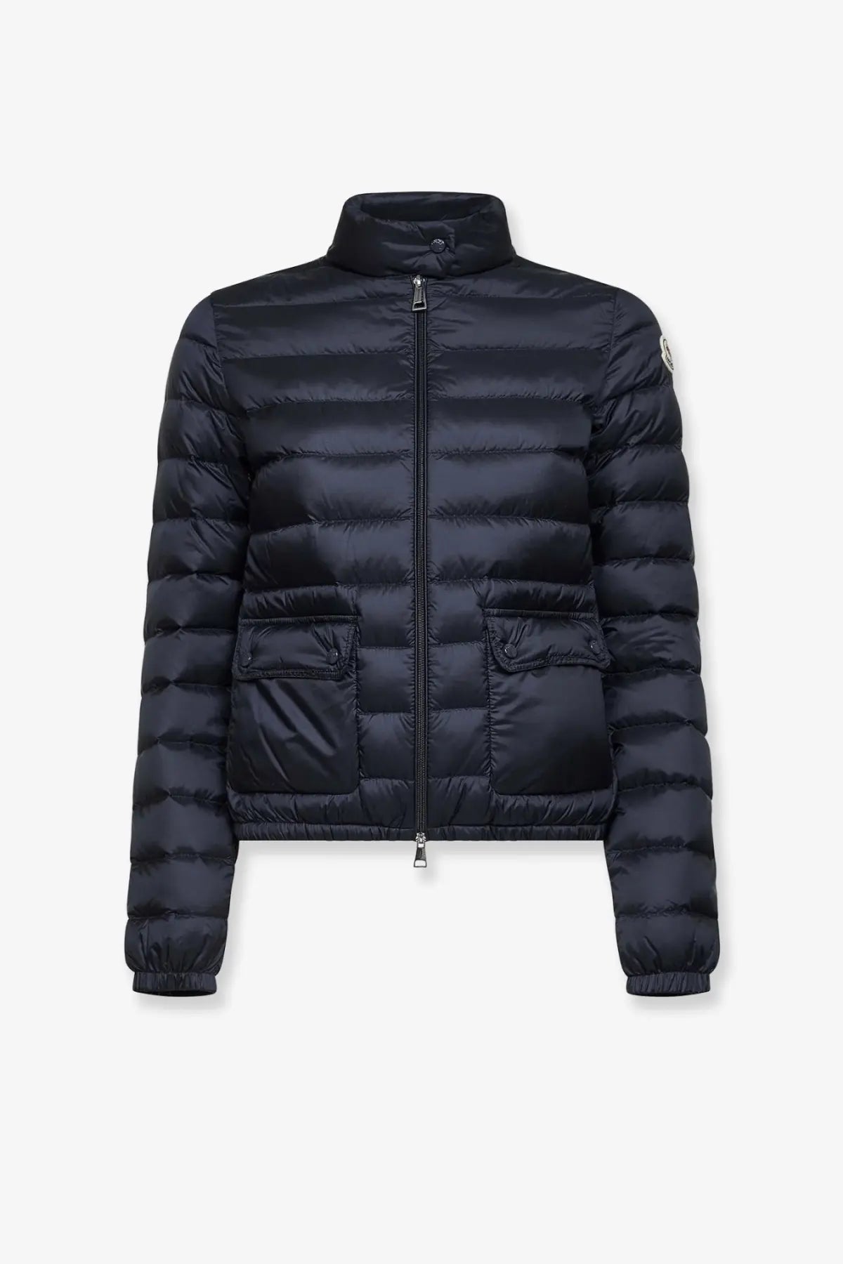 Moncler women’s lans black quilted recycled nylon down jacket with high collar and moncler logo patch on left sleeve