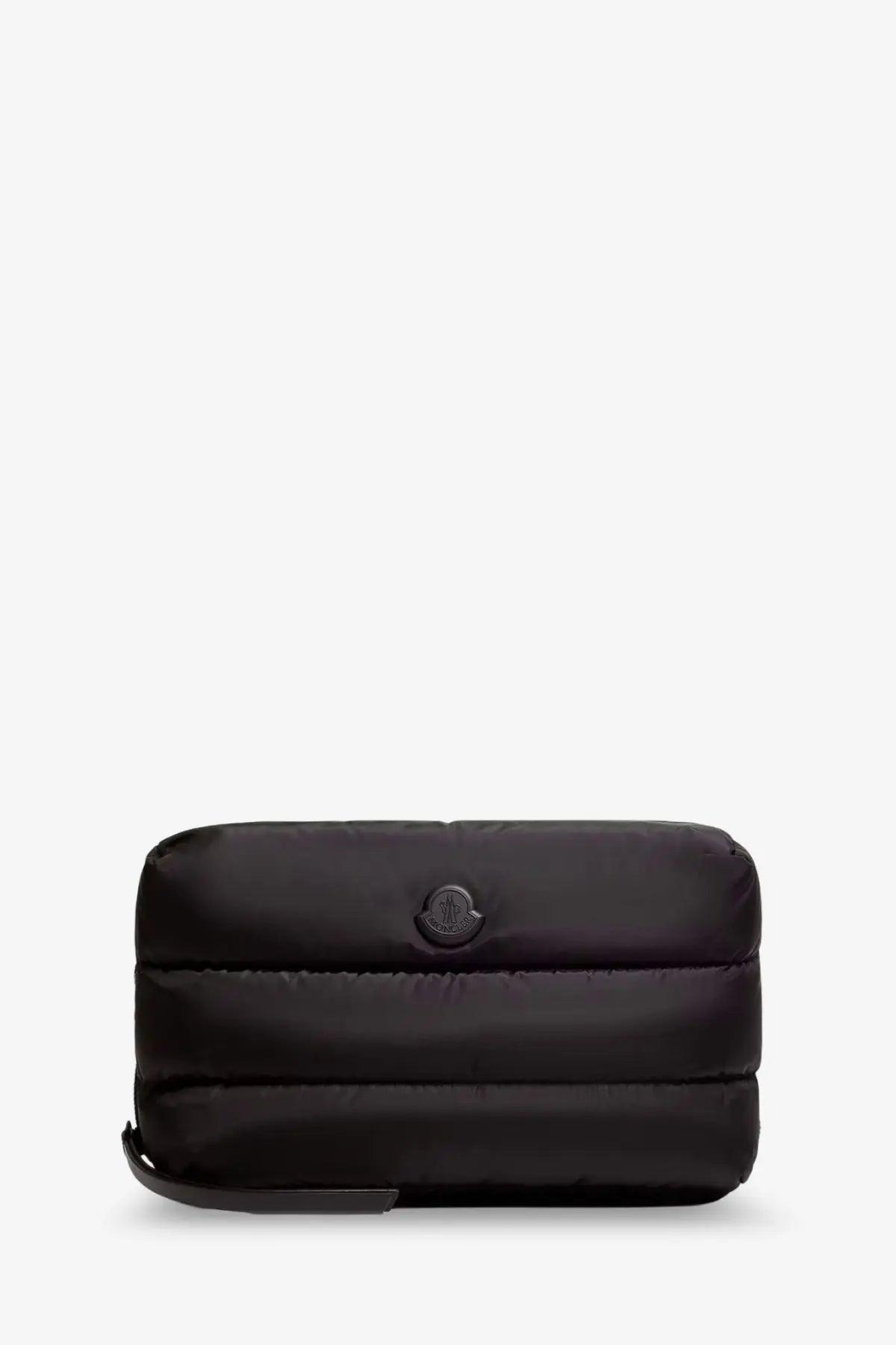 Black moncler women’s nylon caradoc beauty case clutch with puffer style horizontal stitching and circular logo emblem