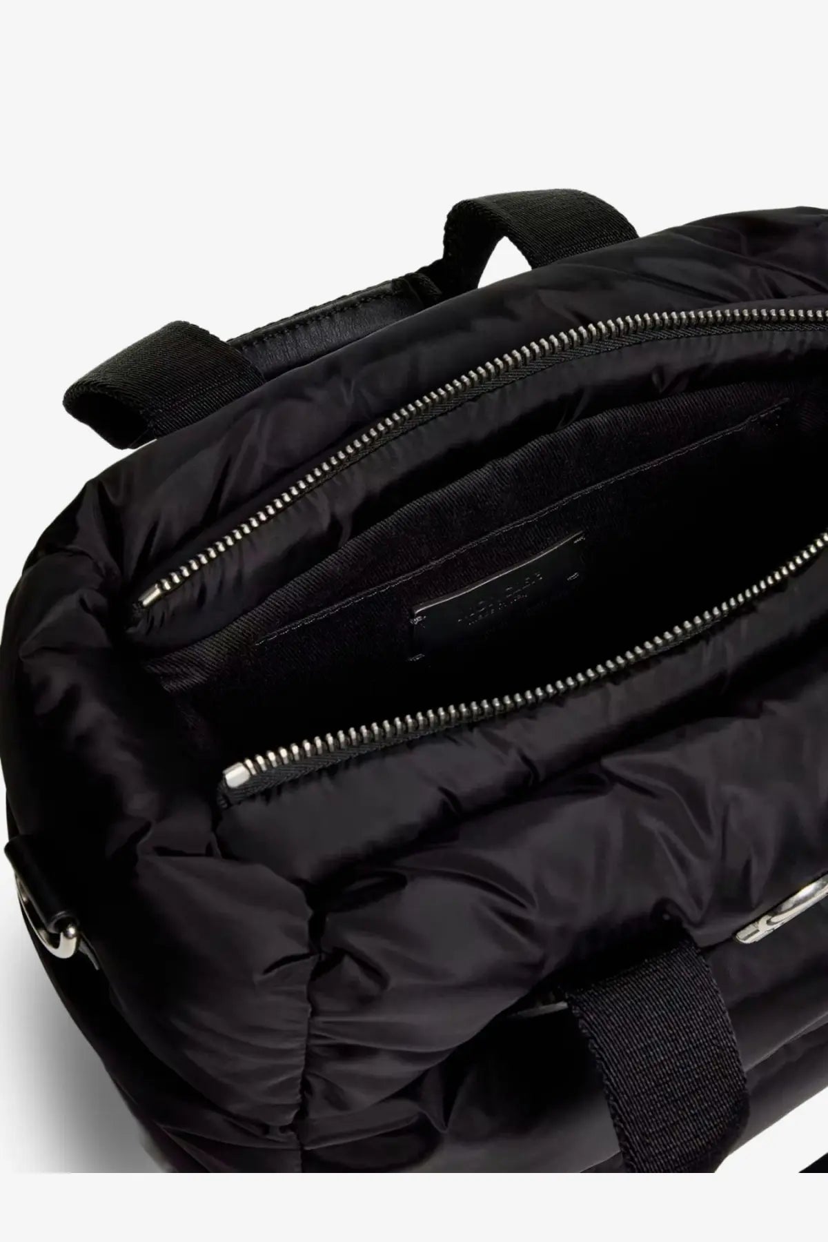 Moncler women’s black nylon caradoc crossbody bag in puffer style with quilted fabric and silver-toned zippers