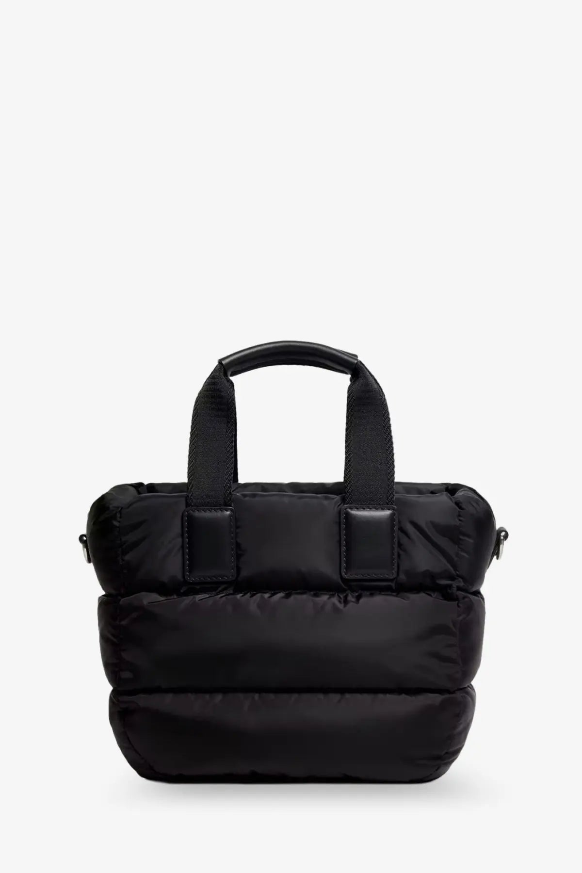 Moncler women’s black nylon Caradoc crossbody bag with puffer quilted sections and sturdy fabric handles