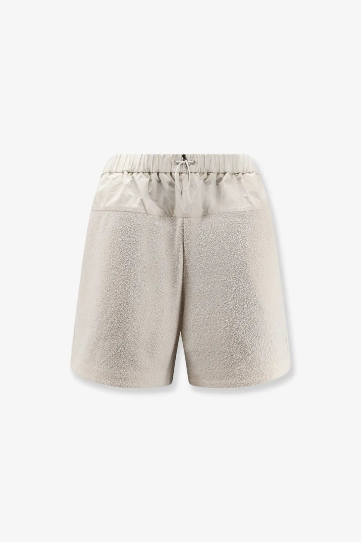 Moncler women’s beige nylon shorts with elastic waistband and drawstring featuring a shimmering finish