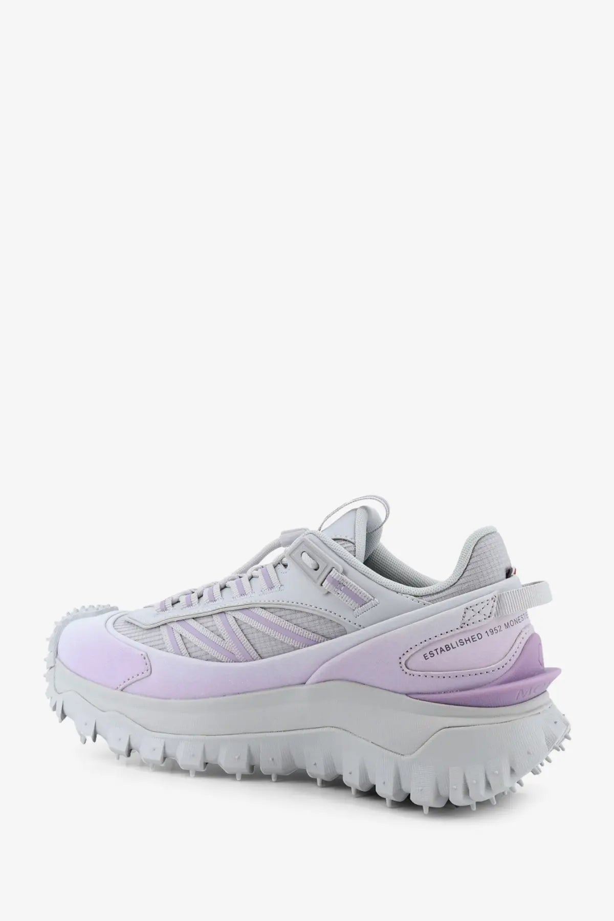Moncler women’s nylon trailgrip sneaker in light purple and gray with chunky textured sole for trail use