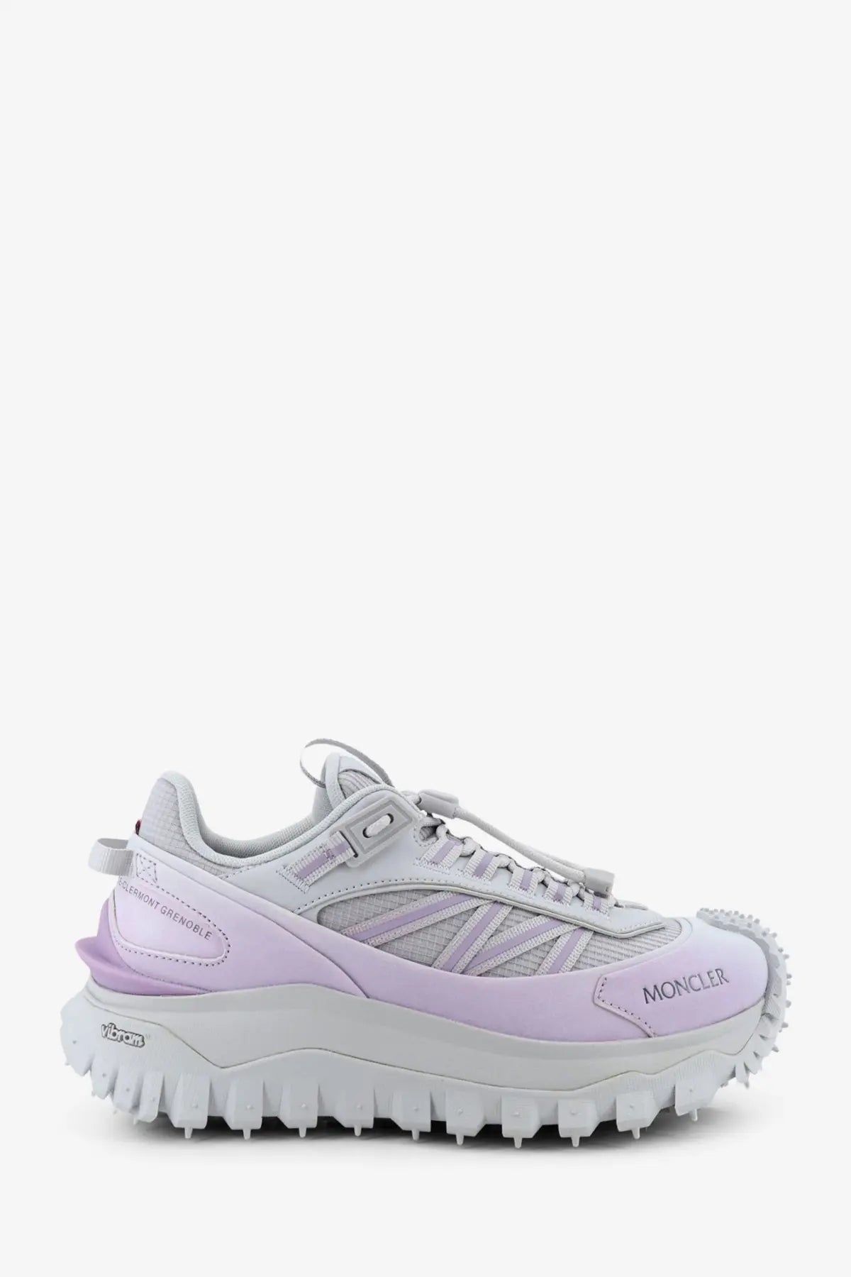 Moncler women’s nylon trailgrip sneakers in light purple and gray with a rugged spiked sole for trail running