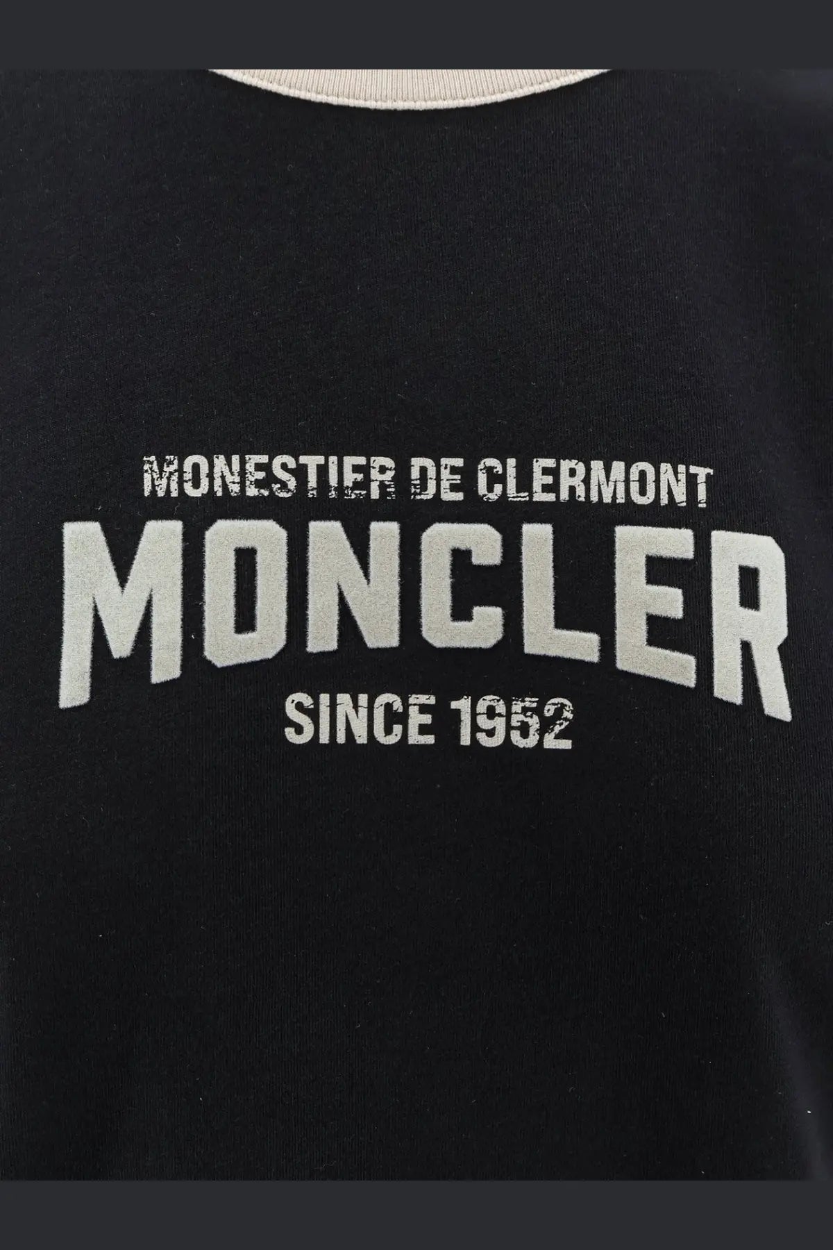 Moncler women’s black organic cotton sweatshirt with white distressed monestier de clermont moncler lettering