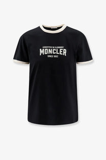 Moncler women’s organic cotton t-shirt in black with white lettering and cream ribbed collar and sleeve cuffs