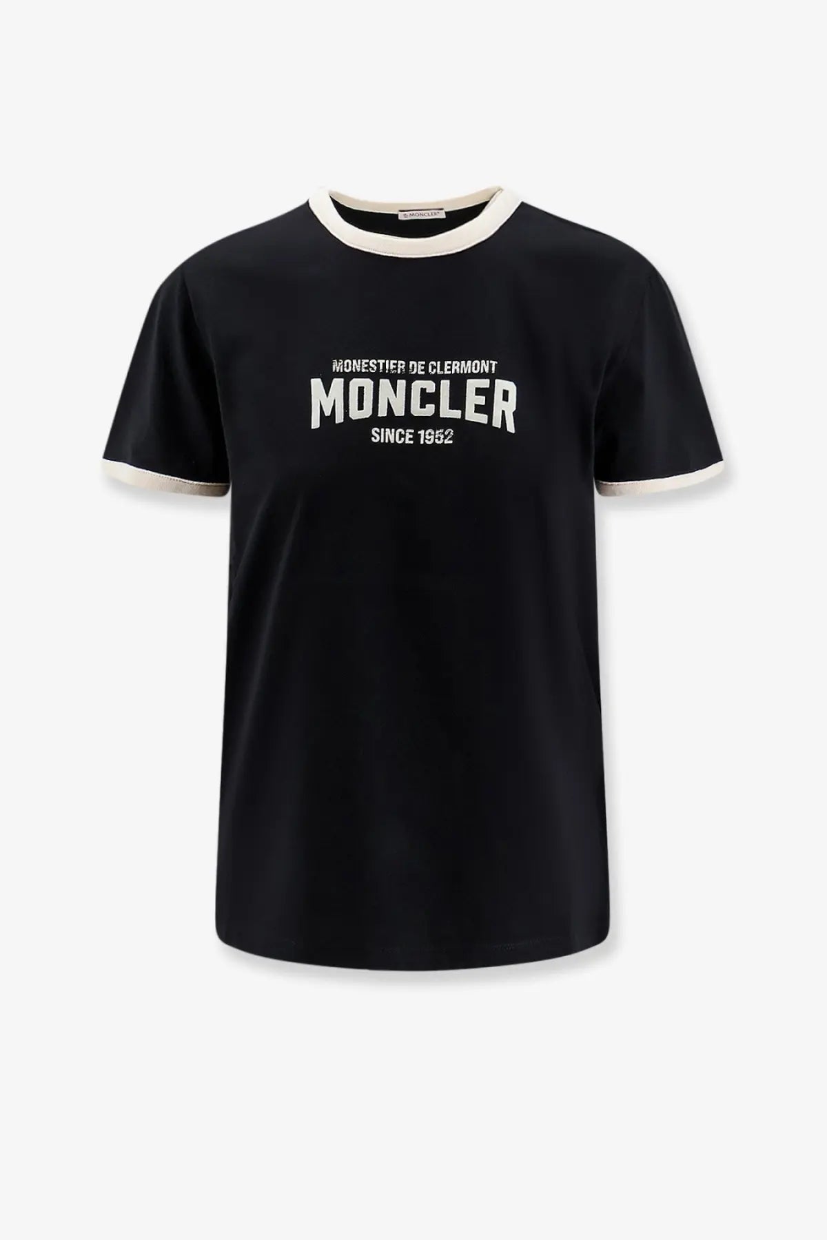 Moncler women’s organic cotton black t-shirt with white lettering and cream ribbed collar and sleeve cuffs