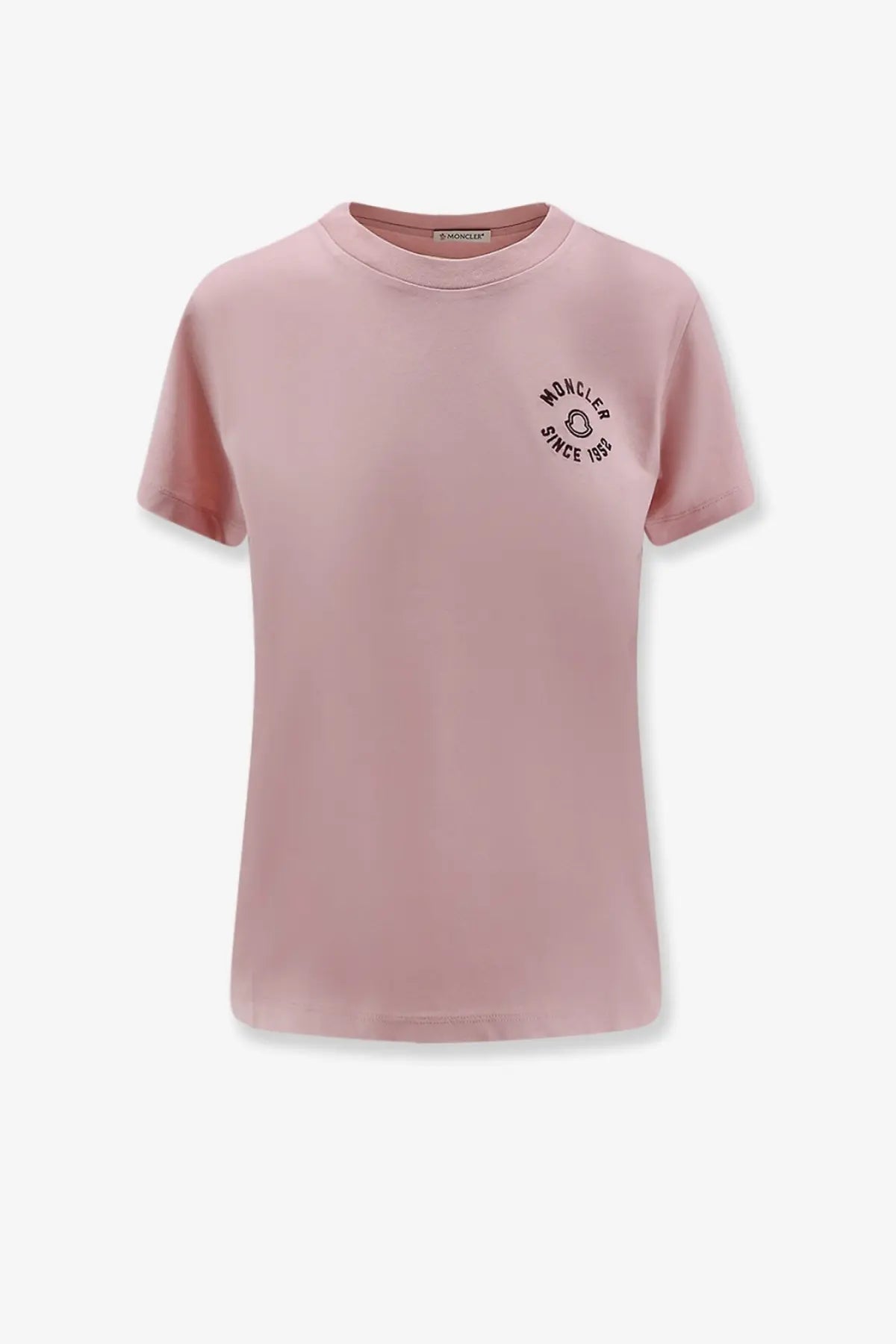 Moncler women’s organic cotton soft pink t-shirt with a subtle black circular logo on the chest