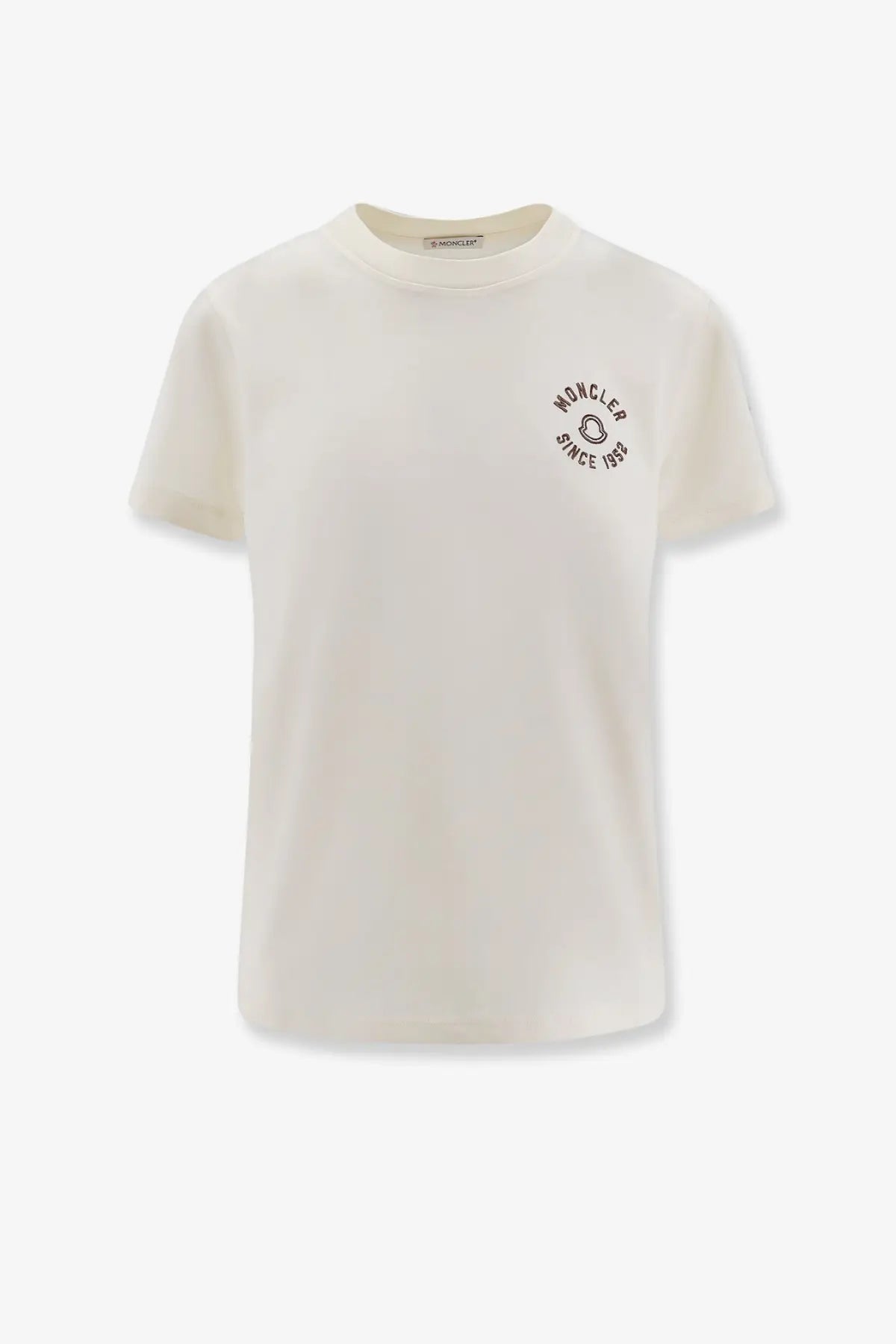 Cream-colored Moncler women’s organic cotton t-shirt with black embroidered logo on left chest in white shade