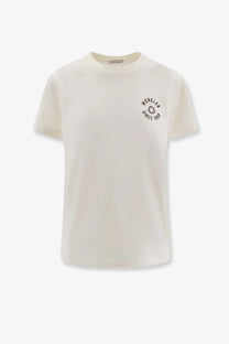 Moncler women’s organic cotton cream t-shirt with black embroidered logo on the left chest in white color