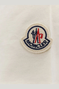 Moncler women’s organic cotton shirt white with white logo patch embroidered red and navy blue insignia on light fabric
