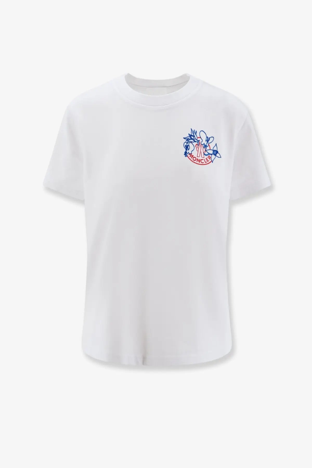 Moncler women’s white organic cotton t-shirt with blue and red embroidered logo on the left chest