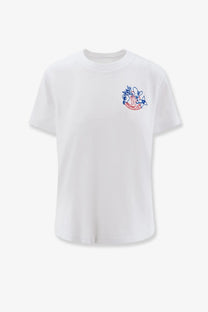 Moncler women’s white organic cotton t-shirt with blue and red embroidered logo on the left chest
