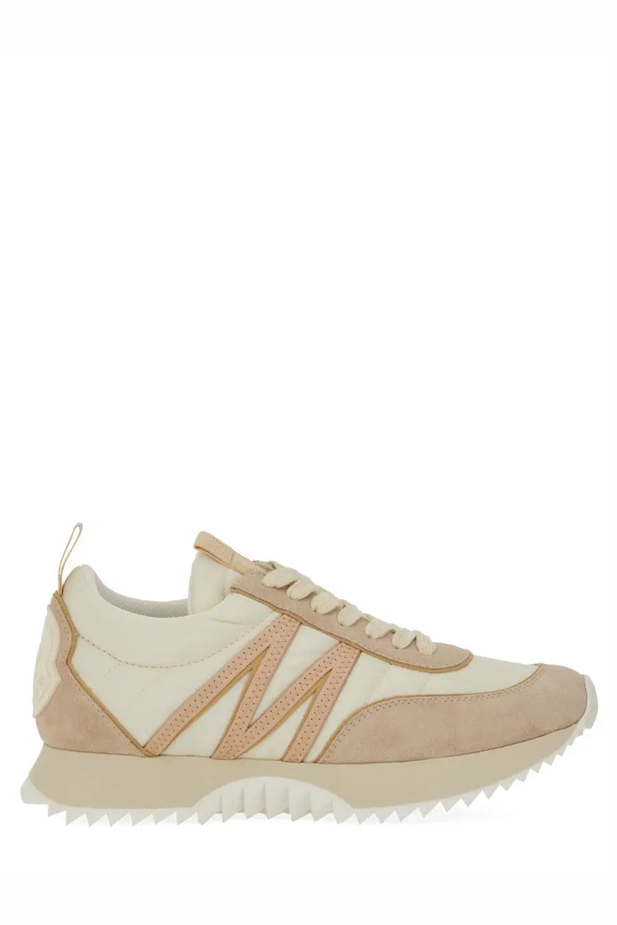 Moncler women’s Pacey sneaker beige with cream color, beige suede and leather, featuring a zigzag side pattern