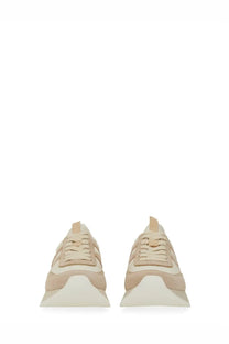 Moncler women’s Pacey sneaker in beige with cream suede upper and chunky white sole for stylish comfort