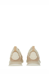 Moncler women’s pacey sneaker beige with soft textured upper and cream-colored heel logo patch visible from the back