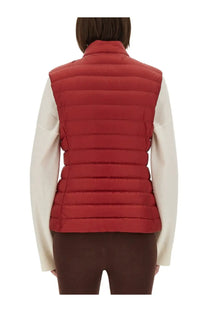 Moncler women’s padded vest igens red quilted puffer vest with high collar and horizontal stitching