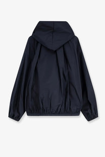 Moncler women’s pecher nylon jacket blue with sleek lightweight fabric black hood and elastic cuffs front view