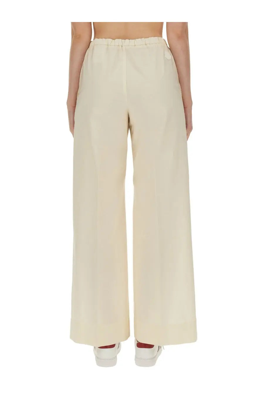 Moncler women’s poplin cream-colored wide-leg pants with relaxed fit and elastic waistband