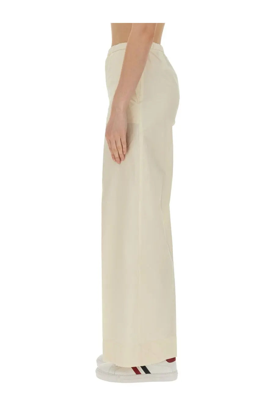 Moncler women’s poplin pants white in cream wide-leg design with smooth flowing fabric and subtle side seam detailing